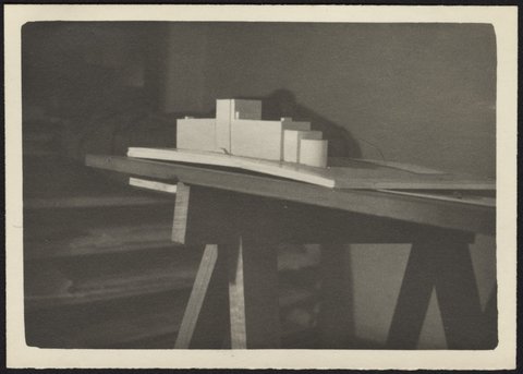 Architectural scale models of the Melbourne Dental Hospital resting on a trestle table, 1940–54