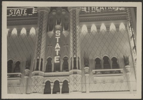 Lit up facade of the State Theatre, Flinders Street, Melbourne, 1954