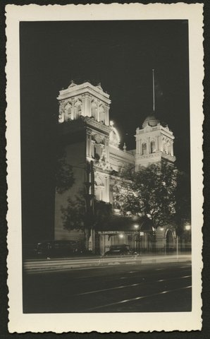 Night photograph of the former Masonic Hall, 25-35 Collins Street, Melbourne, 1930–50