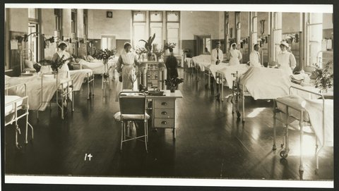 Interior hospital ward at Melbourne Homeopathic Hospital, 1930?