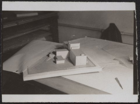 Architectural scale models of the Melbourne Dental Hospital resting on a trestle table, 1940–54