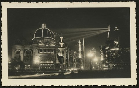 Flinders Street Station at night, Melbourne, 1930–50