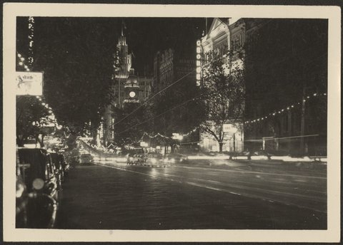 Collins Street at night, during the Royal Visit, Melbourne, 1954