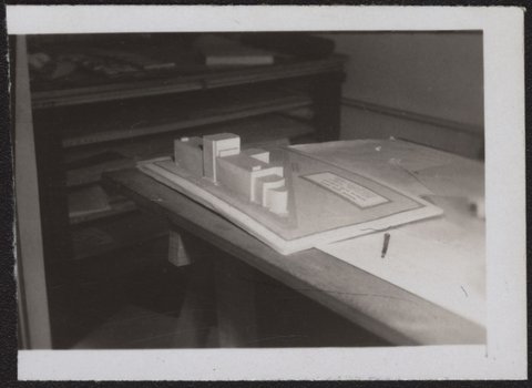 Architectural scale models of the Melbourne Dental Hospital resting on a trestle table, 1940–54
