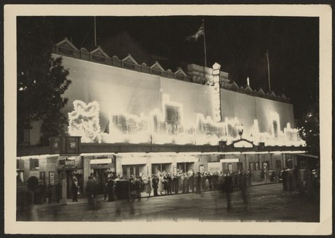 Floodlit exterior of Her Majesty's Theatre, during the Royal Visit, Melbourne, 1954