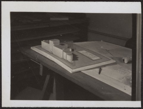 Architectural scale models of the Melbourne Dental Hospital resting on a trestle table, 1940–54