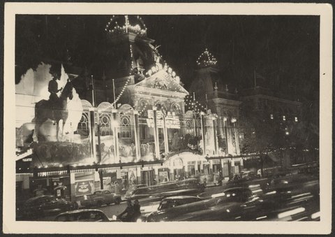 Floodlit facade of the Princess Theatre, Spring Street, Melbourne, 1954
