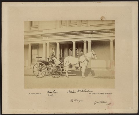 Horse drawn buggy in front of Goathland, St. Kilda, Victoria, 1888