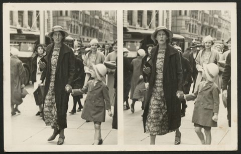 Woman and child walking on a crowded footpath, Melbourne, 1920–50