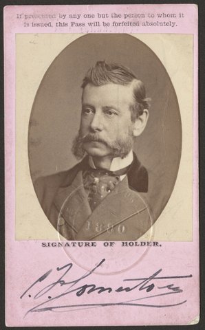 Portrait photograph on a Press representative's pass for C. F. Somerton, Daily Telegraph, Melbourne, 1880