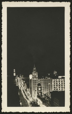 Elevated view of Collins Street at night, Melbourne, 1930–50