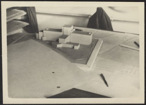 Architectural scale models of the Melbourne Dental Hospital resting on a trestle table, 1940–54