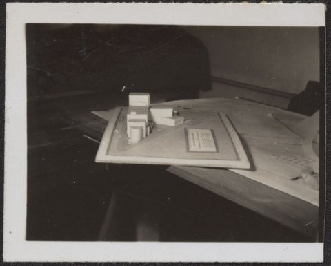 Architectural scale models of the Melbourne Dental Hospital resting on a trestle table, 1940–54