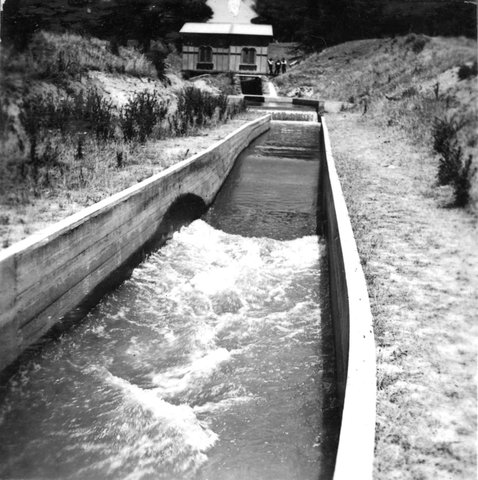 "Malmsbury Reservoir showing valve tower, by-wash, overfall, Ogee drop, outlet works and training wall", 1938?