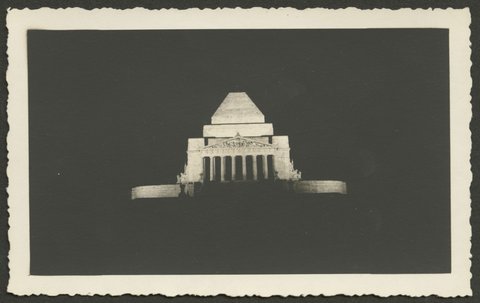 Night photographs of a floodlit Shrine of Remembrance, Melbourne, 1930–50