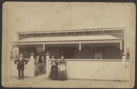 John W. Deering and his daughters in law, outside his Moonee Ponds home, 1889