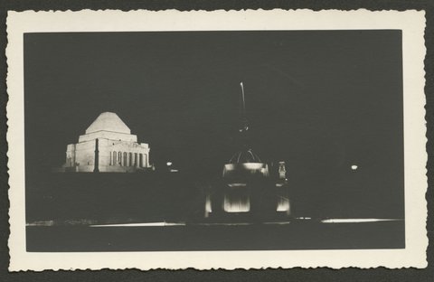 Night photographs of a floodlit Shrine of Remembrance, Melbourne, 1930–50