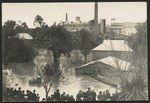 The Yarra River in flood, with the Hawthorn Rowing Club shed under water, 1920–45