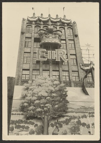 Decoration on the facade of the Coles Store, Bourke Street, Melbourne, 1954