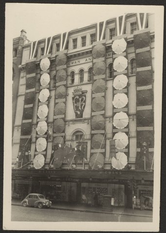 Decorated facade of James McEwan & Company store in , Bourke Street, Melbourne, 1954
