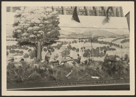 Part of the decorative boarding over Coles Department Store, Bourke Street in Melbourne, 1954