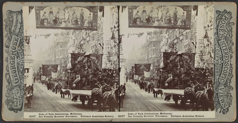 Duke of York Celebrations, Melbourne. The Friendly Societies Procession. Tableaux Australian Scenery, 1901