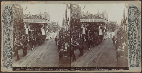 Duke of York Celebrations, Melbourne. Eight Hours' Procession, Bourke Street. 'Slaves no Longer.', 1901