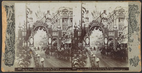 Duke of York Celebrations, Melbourne - The Royal Procession Passing Under the King's Arch, Swanston Street, 1901