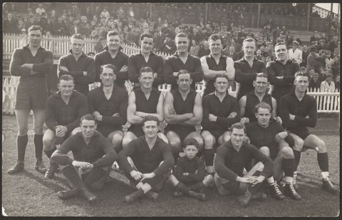 Fitzroy Football Club players on playing field, grouped for photograph, 1930–40