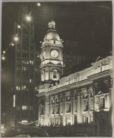Melbourne Town Hall illuminated for the 1954 Royal visit