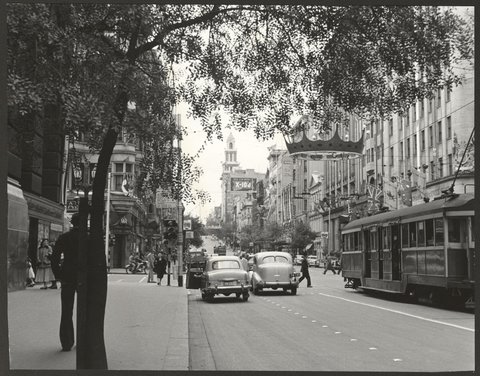 Collins Street, Melbourne, decorated for the 1954 Royal Tour by Queen Elizabeth and Prince Phillip