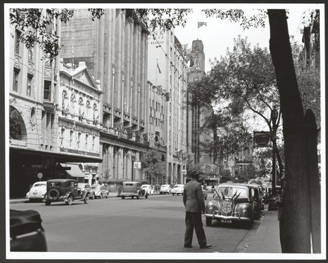 Collins Street, Melbourne, decorated for the 1954 Royal Tour by Queen Elizabeth and Prince Phillip