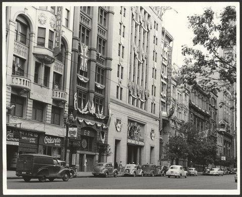 Collins Street buildings decorated for the 1954 Royal Tour by Queen Elizabeth and Prince Phillip