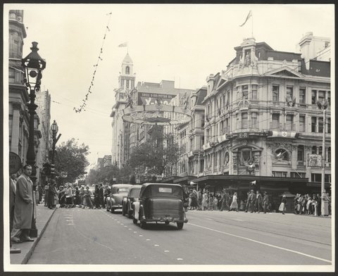 Collins Street, Melbourne, decorated for the 1954 Royal Tour by Queen Elizabeth and Prince Phillip