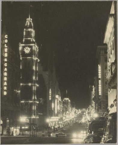 Bourke Street, Melbourne illuminated for the 1954 Royal visit