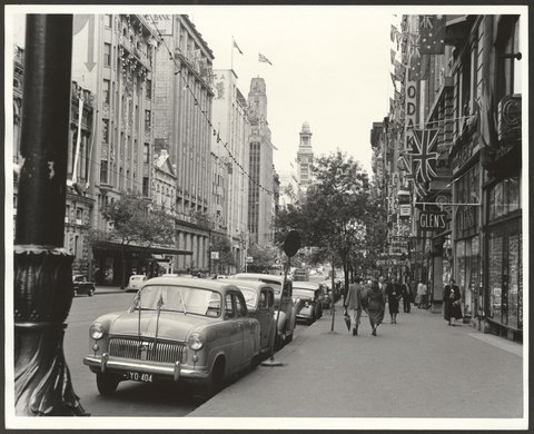 Collins Street, Melbourne, decorated for the 1954 Royal Tour by Queen Elizabeth and Prince Phillip