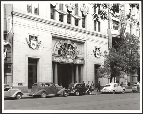The Commercial Bank of Australia, Collins Street, Melbourne, decorated for the 1954 Royal Tour by Queen Elizabeth and Prince Phillip
