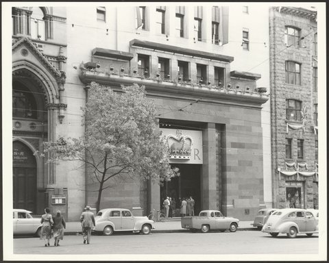 Bank of New South Wales, Collins Street, Melbourne, decorated for the 1954 Royal Tour by Queen Elizabeth and Prince Phillip
