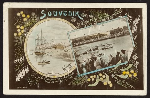 The "enterprise" and Fawkner's house on the Yarra, 1835. ; Henley on the Yarra. Melbourne, 1907?