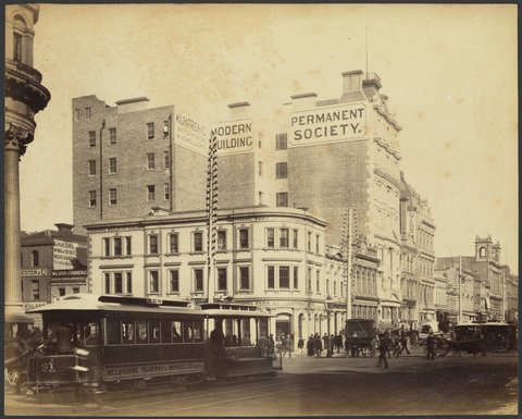 Collins Street West at Elizabeth Street showing Federal Bank of Australia and Modern Permanent Building Society, 1888?