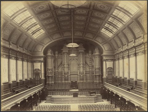Interior view of Melbourne Town Hall showing organ, 1888?