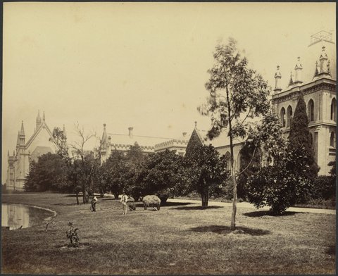 Wilson Hall, lake, grounds and other buildings of Melbourne University, 1888?