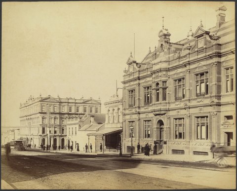 Bourke Street West, south side, near corner of Queen Street, showing Britannia Hotel and Salisbury buildings, 1888?