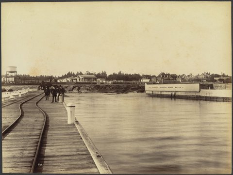 View from railway pier of Railway Station, Captain Kenny's Brighton Beach Baths and foreshore, 1888?