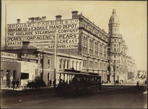 View of Collins Street West, south side, showing McComas & Co. and Huddart Parker & Co. and the Admiral Hotel on the King Street corner, 1888?