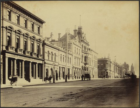 View of Collins Street West, south side showing London Chartered Bank of Australia, Australian Freehold Banking Corporation, Land Credit Bank of Australasia, 1888?