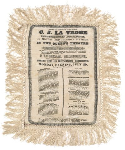 Silk programme for a series of scientific demonstrations of lectures and illustrations in the Queens Theatre, Melbourne, 1849