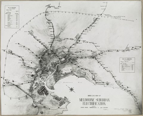 BIRDS EYE VIEW OF MELBOURNE SUBURBAN ELECTRIFICATION SHOWING POWER HOUSE. TRANSMISSION & SUB STATIONS, 1905–28