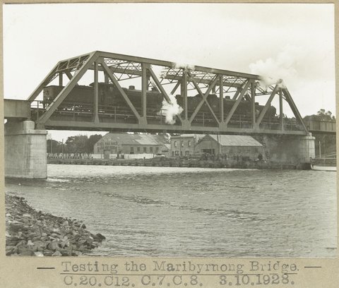Testing the Maribyrnong Bridge. C.20., C.12., C.7. and C.8, 1928