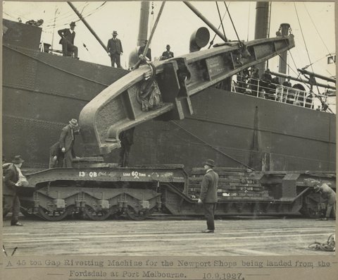 45 ton Gap Rivetting Machine for the Newport Shops being landed from the Fordsdale at Port Melbourne, 1927